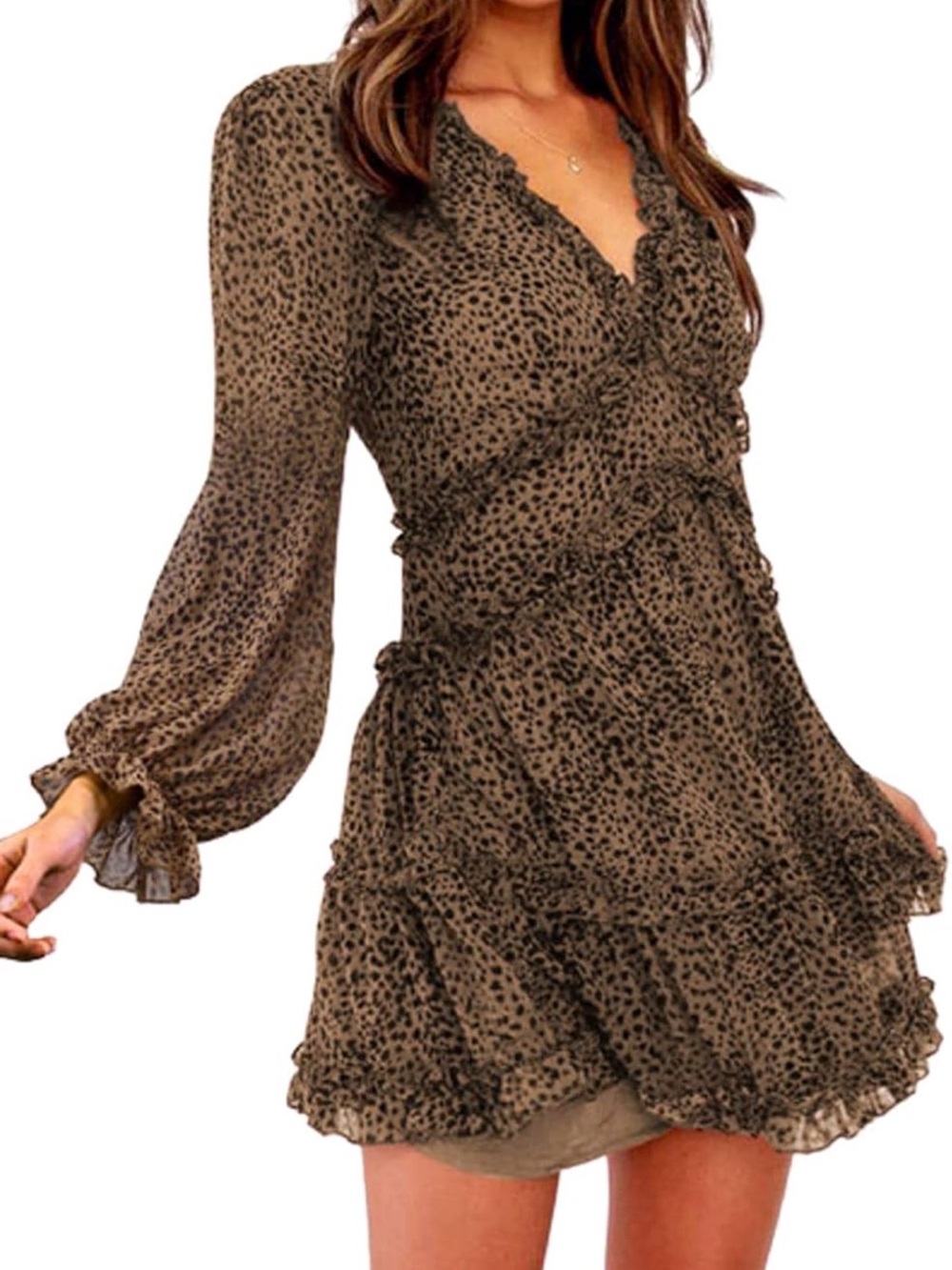 Women’s Ruffle Tiered Leopard Print Mini Dress - Brown